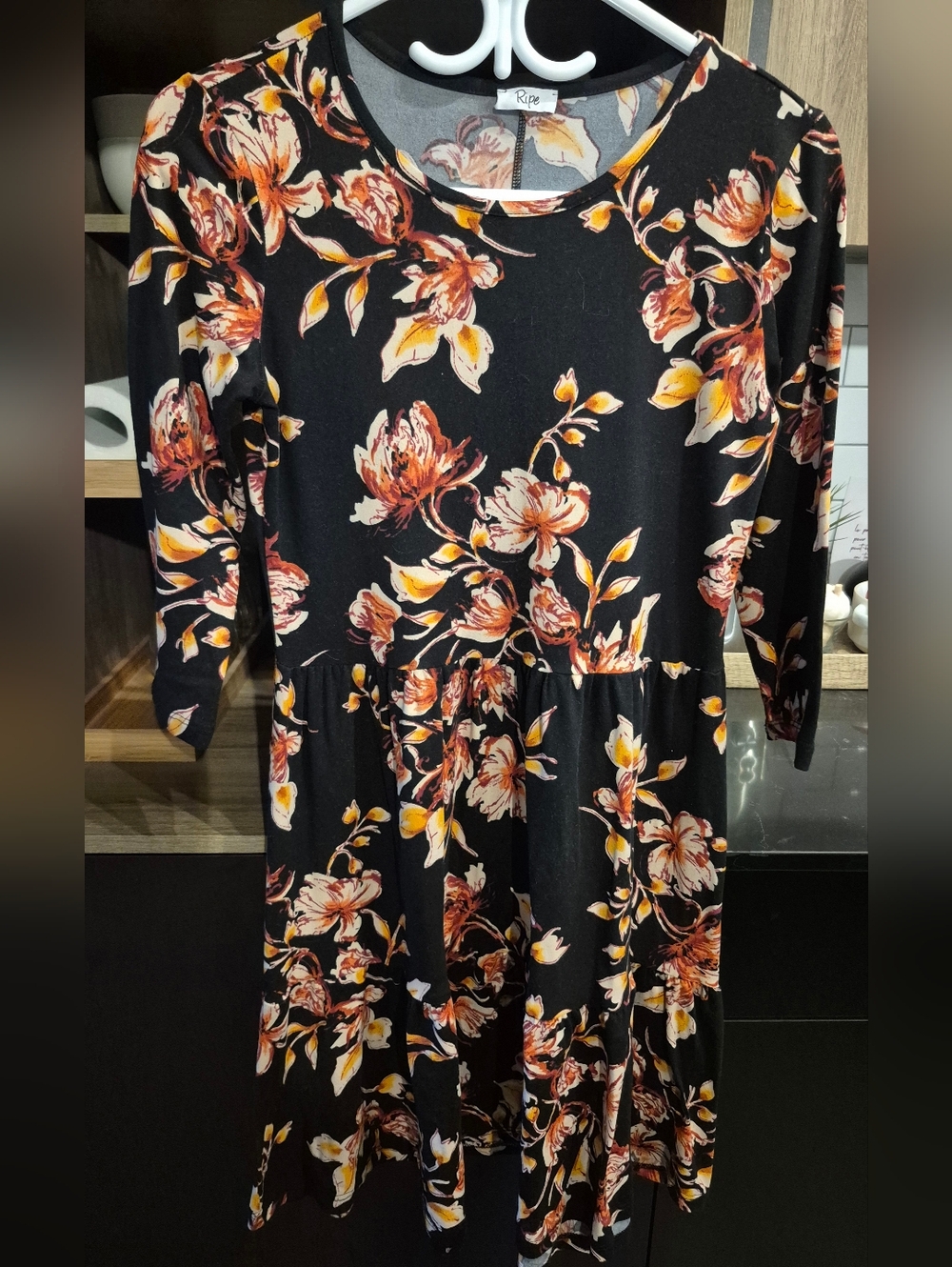 Ripe Black Floral Dress with Orange and Cream Blooms